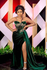 Gorgeous Dark Green Velvet Illusion Neck Prom Dress With Split and Appliques